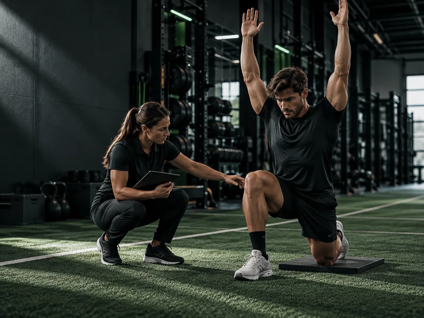 A coach observes an athlete performing an overhead movement assessment.