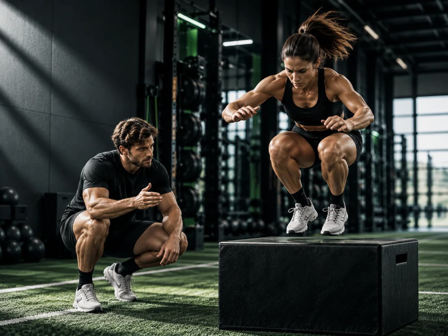 An athlete performs a box jump while a coach observes.