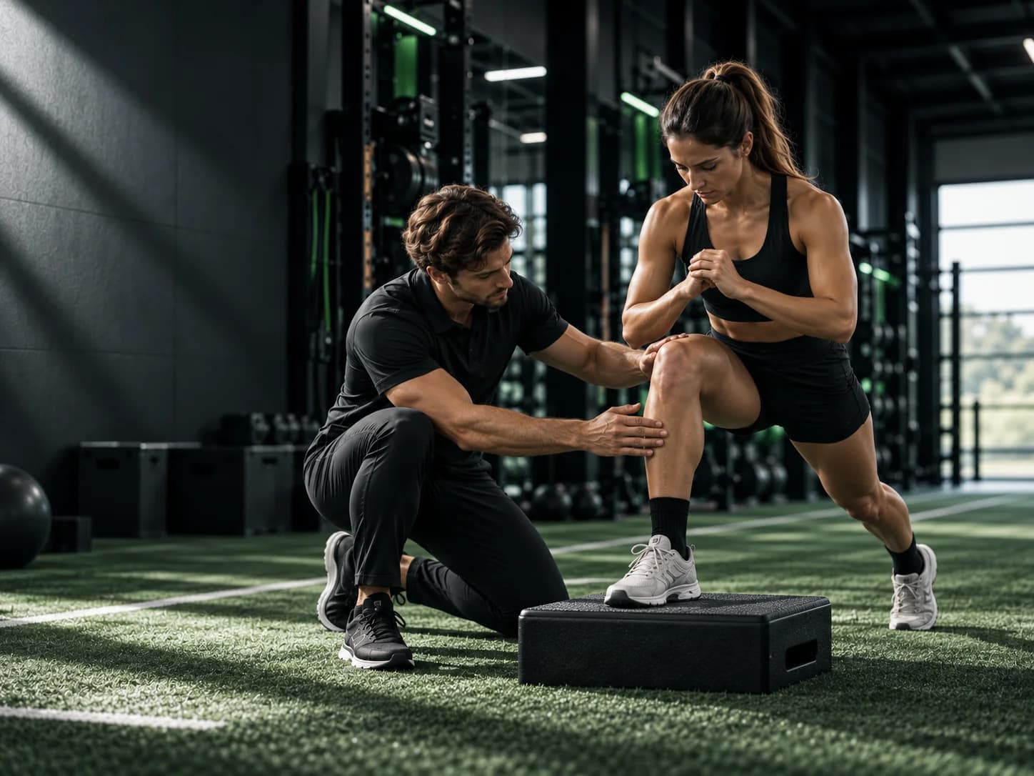 A coach guides a supported lunge with one foot on a low platform.