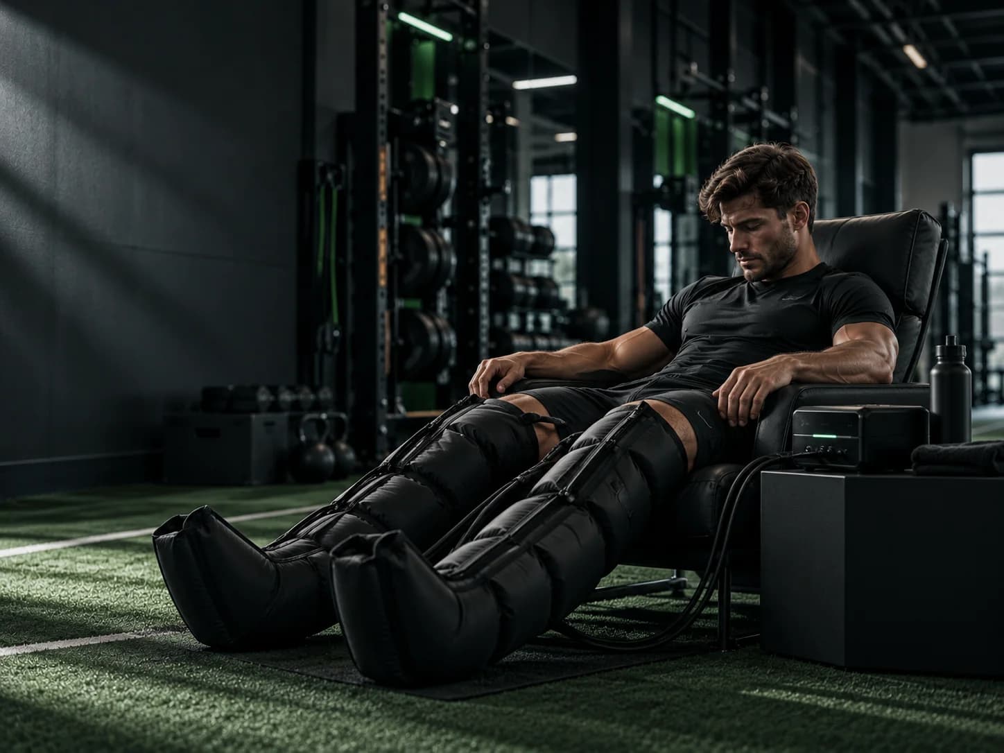 An athlete rests in a chair wearing compression recovery boots.