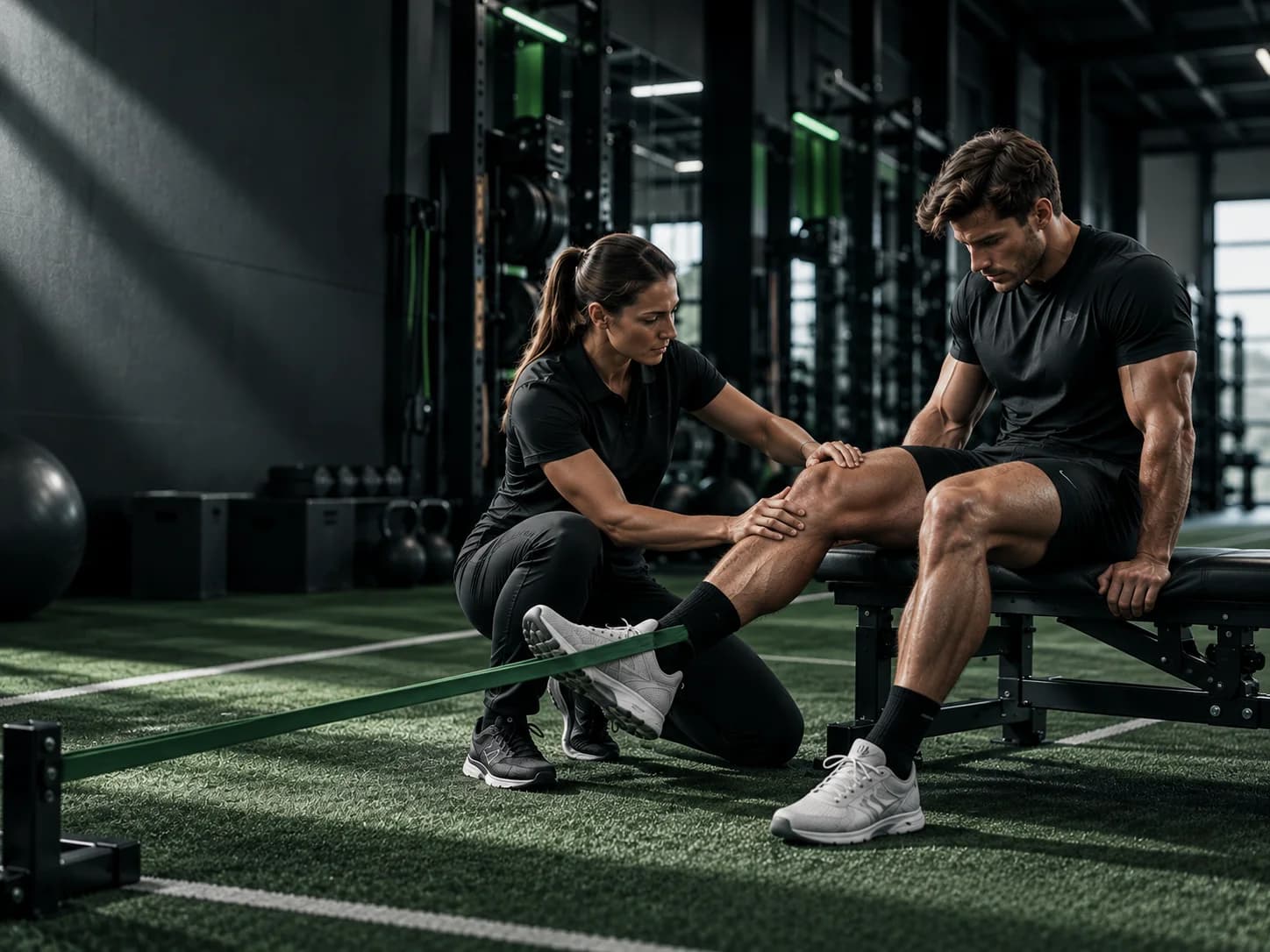 A coach guides a seated athlete through a controlled leg movement.